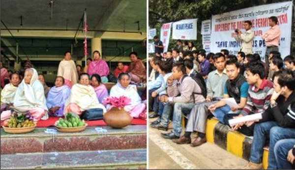 Women vendors and JCILPS supported by others staging sit-in-demonstrations