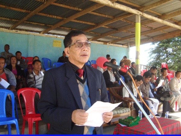 Haokholal Hangshing, Chairman ADC Sadar Hills deliver his chief guest speech in the opening ceremony of the 5th Mangboi Cup Open Football Tournament at Thomas Ground Kangpokpi