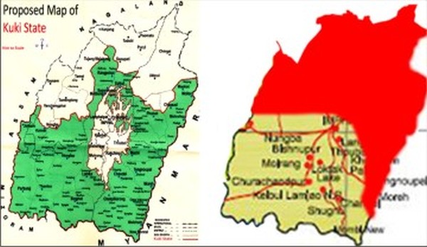 The proposed Kuki State and territories demarcated as belonging to the Nagas