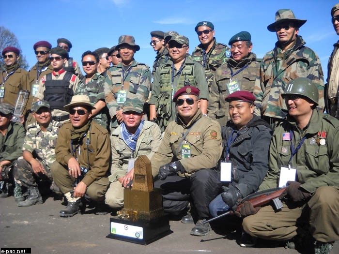 Participants of the World War 2 Peace Rally with their Trophies  Winner of this year's World War 2 Peace Rally went to Manipur Team Manipur Team leader Mr Tarzan Rajkumar (3rd right seated) seen with Gold Trophy with other participants at World War 2 Museum here at Kisama 
