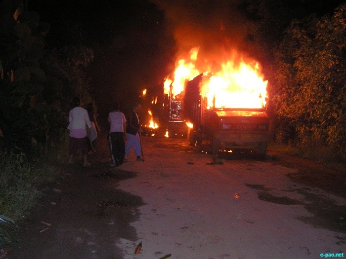 A Truck burnt at Keithelmanbi during a blockade in 2011