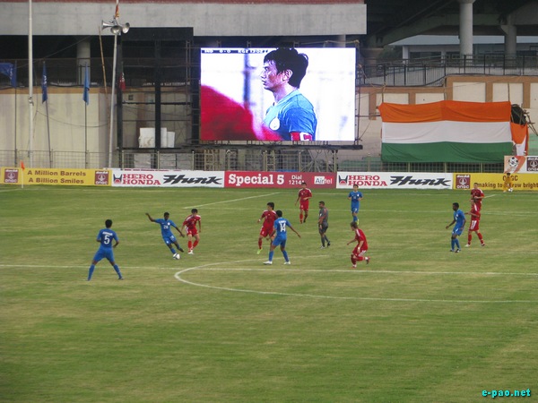 Baichung Bhutia on the main screen at ONGC Nehru Cup Match played at Ambekar Stadium, New Delhi in August 2009
