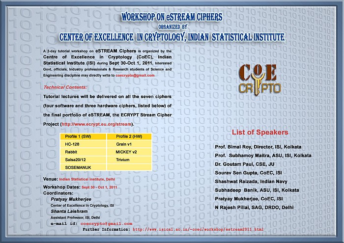 Workshop on Estream Ciphers at Indian Statistical Institute (ISI), Delhi