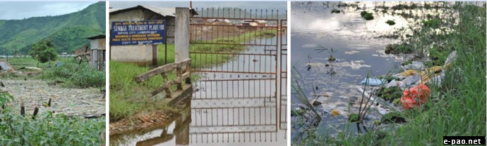 Lamphelpat: Left. Huge amount of plastic bottles were dumped, Middle. Water logged govertment complexes inside the wetland and Right. Waste materials dumped directly into the wetland