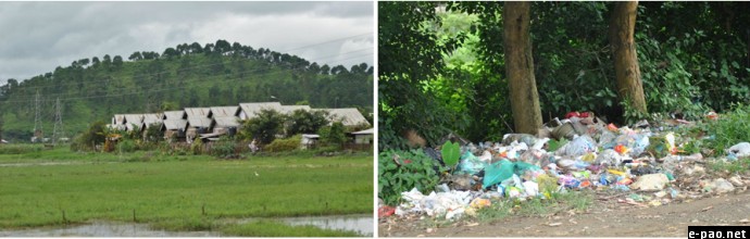 Left: Transformation of landscape in Langol Hill Range. Right: Dumping of plastic waste on the periphery of the wetland. 