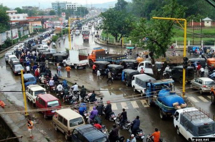 People lining up for Petrol in Imphal due to the economic blockade in November 2011
