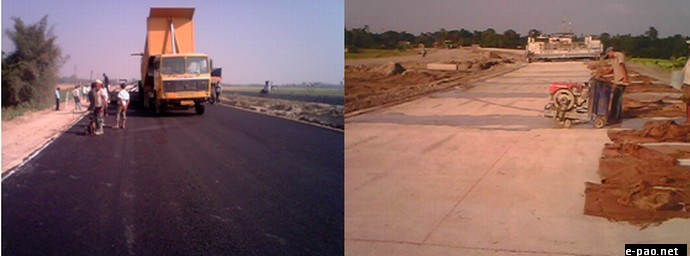 On the left is the bituminous black top road section and on the right is concrete road section getting constructed on NH-31 at Barpeta in Assam