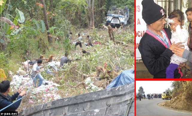 (Clockwise) Girl reunites with father; the sharp bend from where the bus went down near Phipema area and the ill-fated bus(NP)