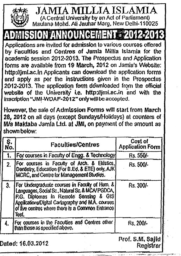 Admission Notice for Jamia Millia Islamia University for the year 2012-2013