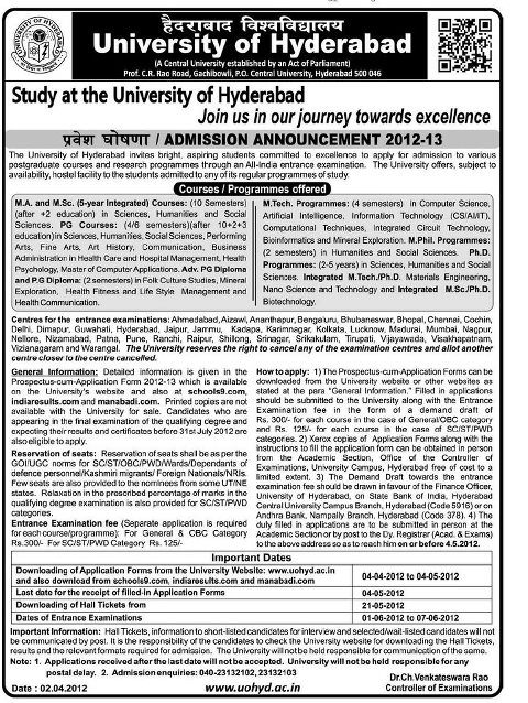 University of Hyderabad Admission notification