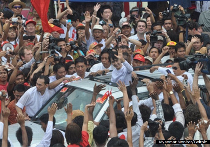 Aung San Suu Kyi addressing her supporters after election win in the first week of April 2012
