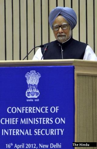 Prime Minister Manmohan Singh addressing the Conference of Chief Ministers on Internal Security, in New Delhi on April 16 2012