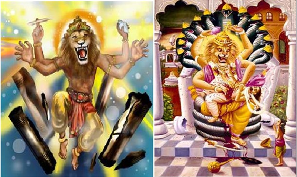  (L) Lord Narshimhadeva coming out of the pillar: (R) Killing  Hiranyakashipu with his nails. 