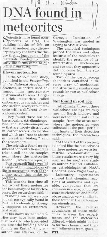  xerox copy of an article published in the Hindu Daily News paper dated 11/8/11. 