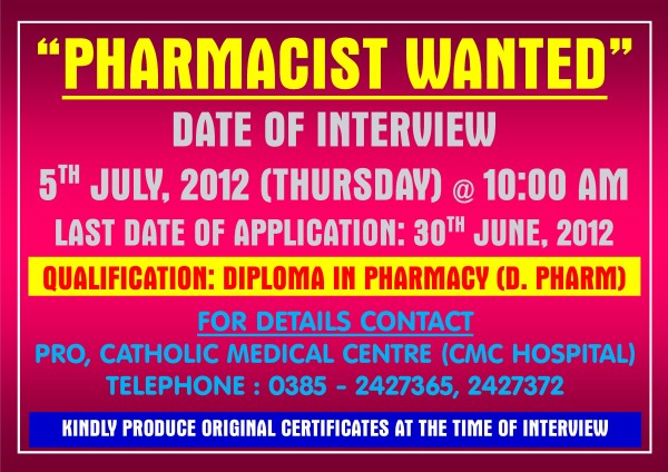 Vacancy of Pharmacist at CMC Hospital, Koirengei - Imphal East