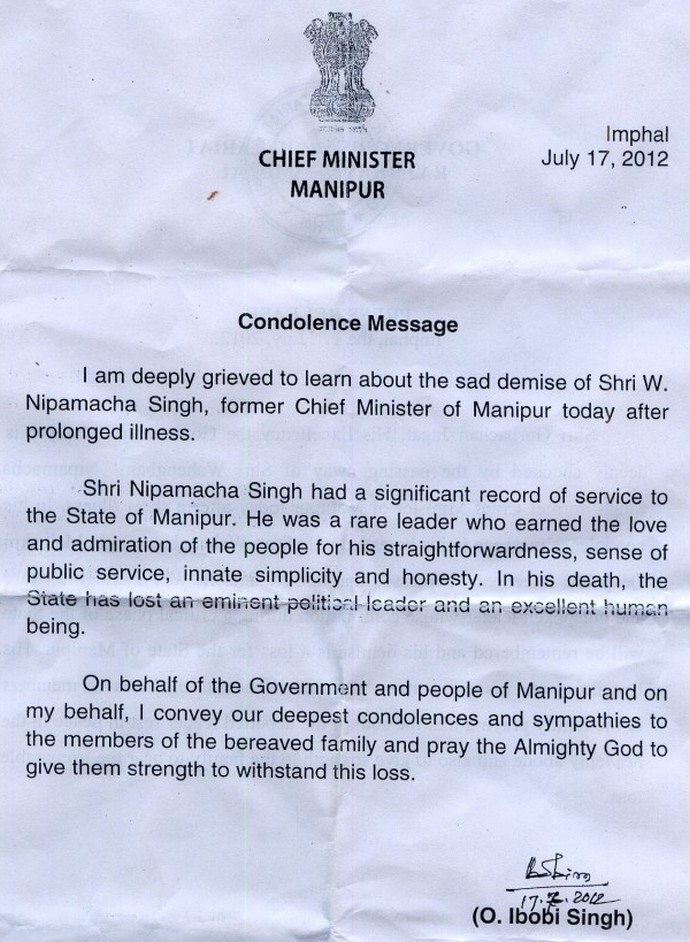 Condolence from  Chief Minister on demise of Wahengbam Nipamacha