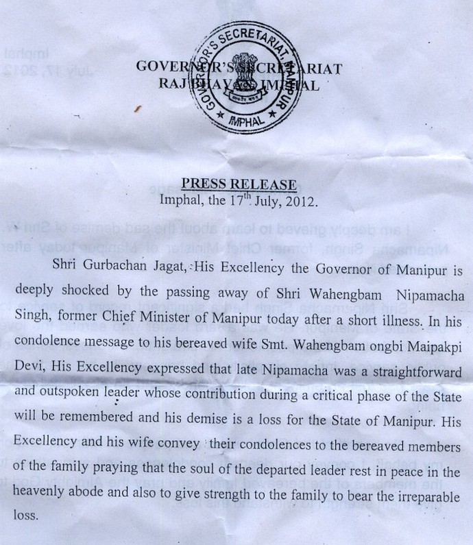Condolence from Governor on demise of Wahengbam Nipamacha