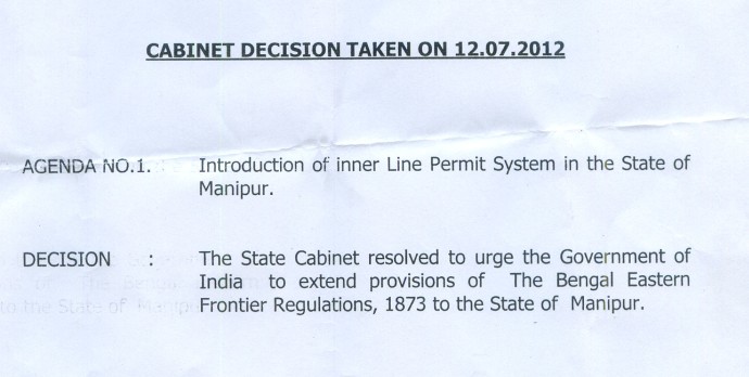 State Cabinet resolved on Introduction of Inner Line Permit in Manipur :: July 12 2012