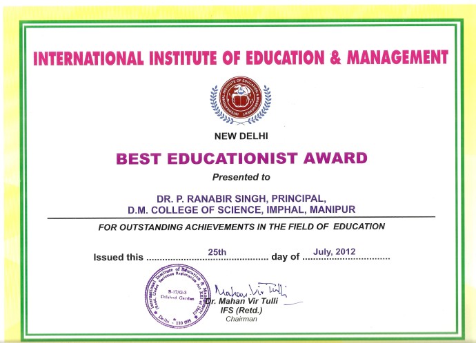 Dr. Pukrambam Ranabir Singh (Principal D.M College Of Science) awarded Best Educationist Award