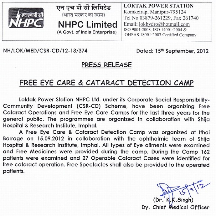 Free Eye Care Camp & Cataract Detection Camp at Ithai Barrage