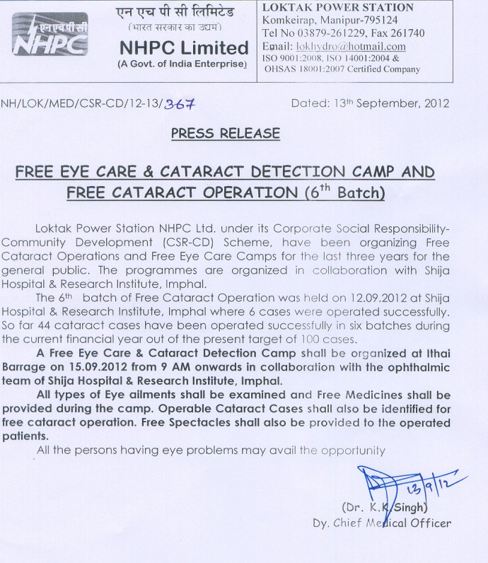 5th Free Cataract Operation Camp organised by Loktak Power Station, NHPC