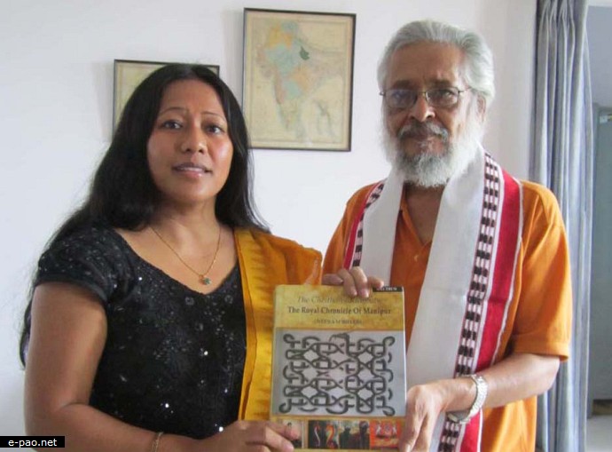 Ms Binalakshmi Nepram presenting the book Cheitharol Kumbaba The Royal Chronicle of Manipur by Nepram Bihari to Prof Basudev Chatterji Chairman of ICHR