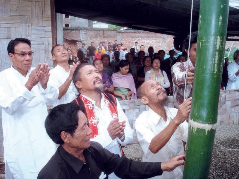Tangkhul folk singer Guru Rewben Mashangva's flag hoisting ceremony at his Nagaram residence in Imphal on September 03 2012