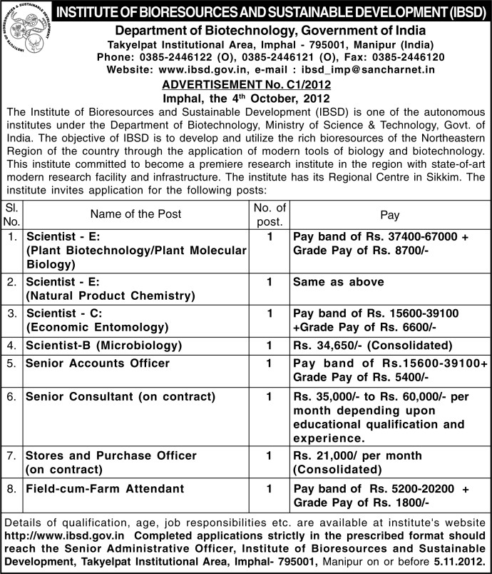 Scientists and other Job  requirements at Institute of Bioresources and Sustainable Development , IBSD, Imphal