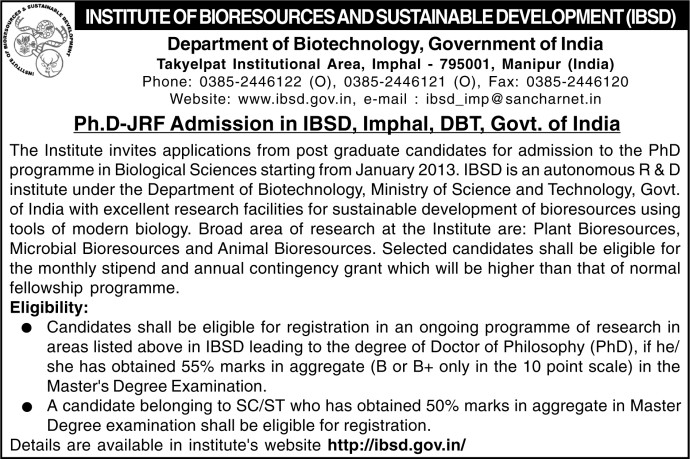 PhD/JRF Admission at IBSD, Imphal, DBT Govt of India