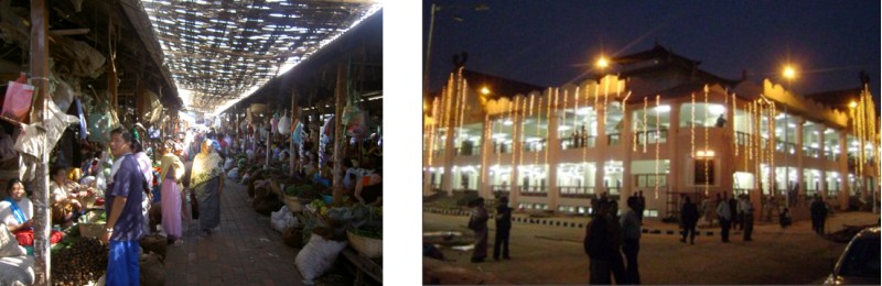Different facets of Ima market. Left - Old market sheds. Right - New modern building with basic facilities.