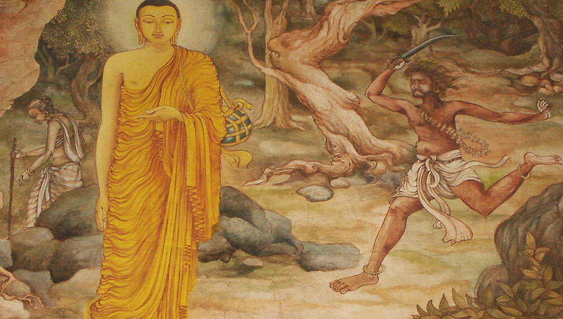 The painting depicts the first meeting Buddha had with Angulimala, a highway killer who murdered 999 people for the purpose of making an offering of 1000 human fingers to his teacher. Painting location : Sri Lanka 