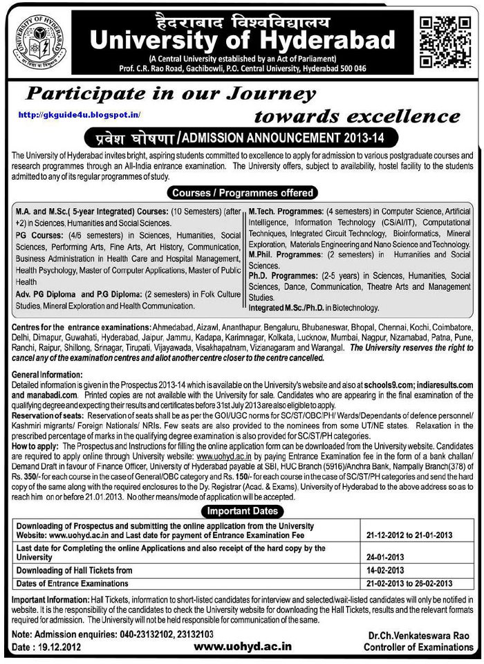 University of Hyderabad, admission notification for the academic year 2013-14