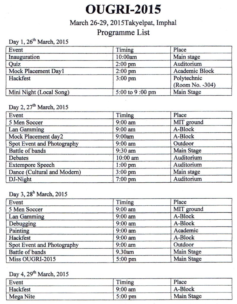  Ougri 2015 : Programme Schedule