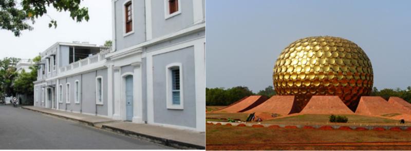    (L) Aurobindo Ashram (Old), Entrance at the far end, Puducherry. (R)  Aurobindo Ashram (New), The Golden Globe, meditation Hall, Puducherry 2015